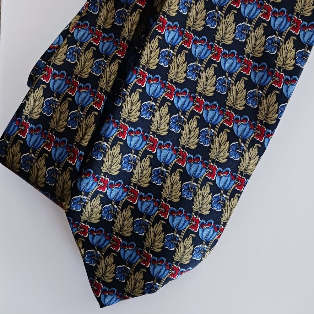 Sazzari Men's Necktie Silk Made in Italy Formal Blue Green Leaf Red Flower 4X57"